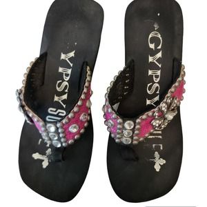 Gypsy Soule Flip Flops Sandals Crystal Clear Swarovski Rhinestones Pink Leather